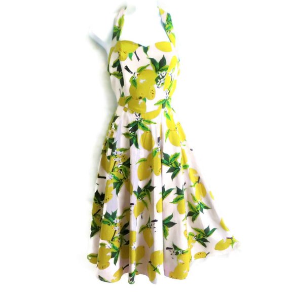 Vintage Dresses & Skirts - Hearts & Roses Vintage Style 50s Sweetheart Lemons Floral Rockabilly Halter 4
